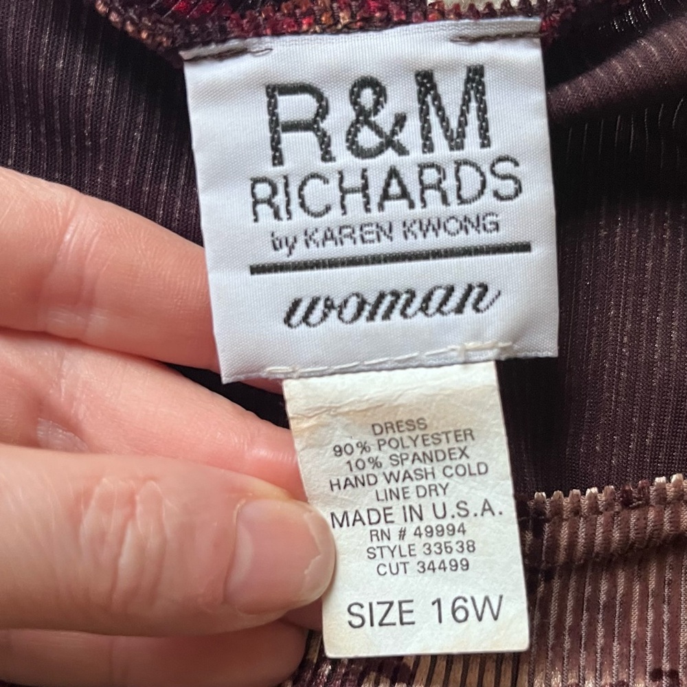 R&M Richards Karen Wong Velvet Dress Sz 16W Vintage Midi Paisley 90s Stretch - Picture 12 of 12